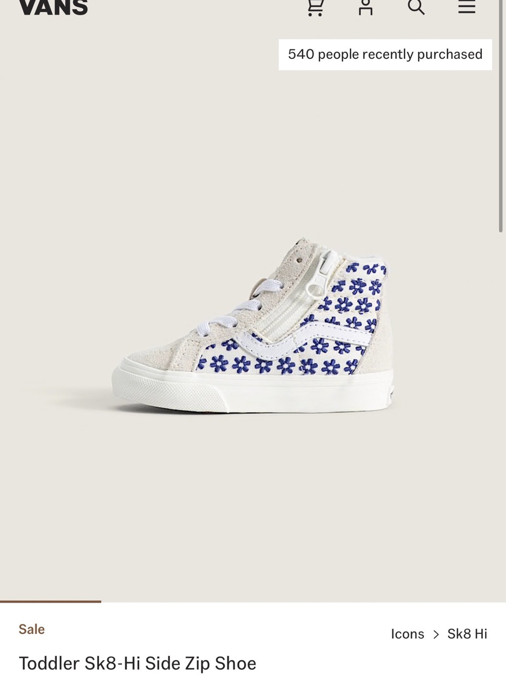 Vans Toddler Sk8-Hi Side Zip Shoe - White with Blue Floral